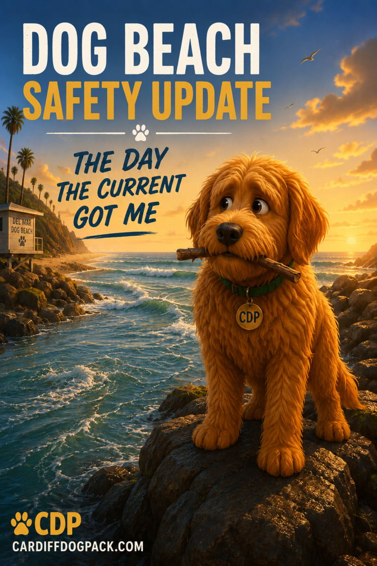 Kodiak the Goldendoodle dog beach safety tips at Del Mar Dog Beach.