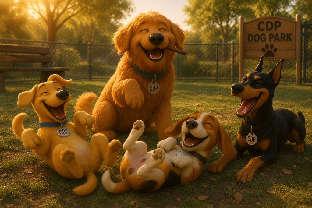 Kodiak, Dash, Terry and friends laughing together at the dog park.