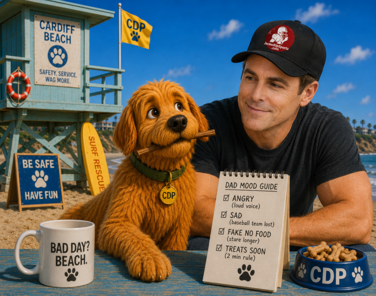 Kodiak sits beside Dad at Cardiff Beach with a humorous Dad mood guide, coffee mug, and dog treats