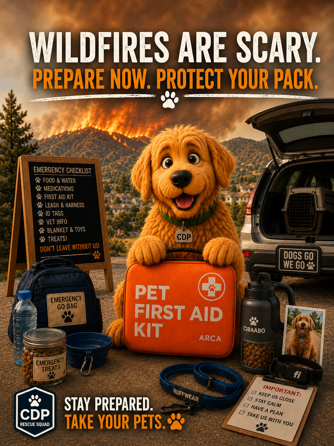 Kodiak with a pet wildfire emergency kit and evacuation supplies, Cardiff Dog Pack wildfire pet safety guide.